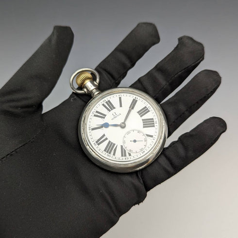 1920 年左右古董歐米茄懷錶銀邊鐵路表做工精良